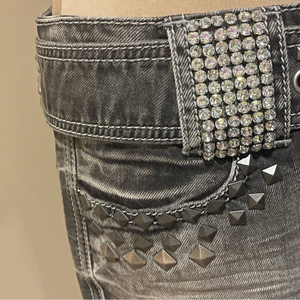 Capture Denim Studded Washed Black Denim Mini Skirt w/ Rhinestone Belt, Medium - Picture 3 of 10